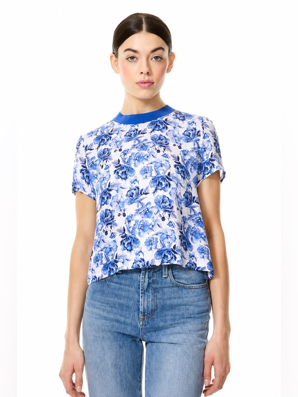 Alice + Olivia Kane Floral Tie Front Tee Blue White Crop Top Women Size M